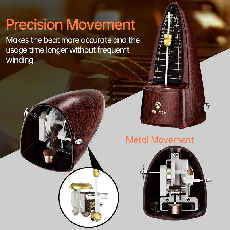 TERENCE Mechanical Metronome Metronomes for Piano Guitar Drum Violin and Other Instruments Metronomes for Beginner Adults and Kids(Brown) - Image 2
